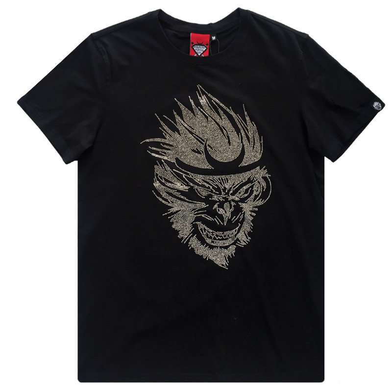 monkeyking镶钻纯棉短袖猴王休闲刺绣嘻哈宽松运动t恤