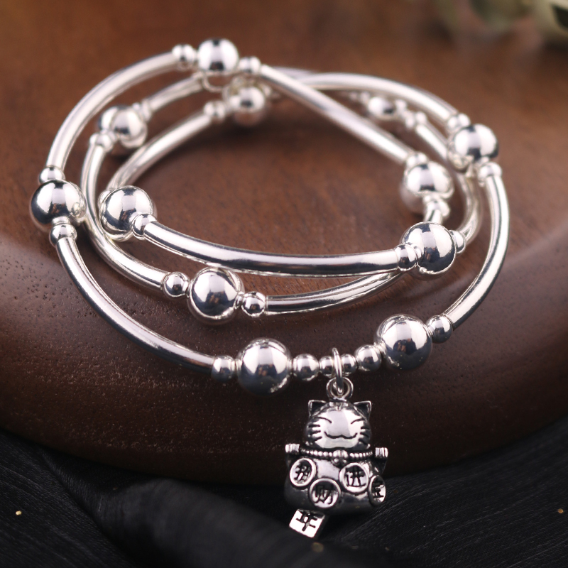 纯银手链多圈银管弹力三层招财猫8mm银珠转运手链