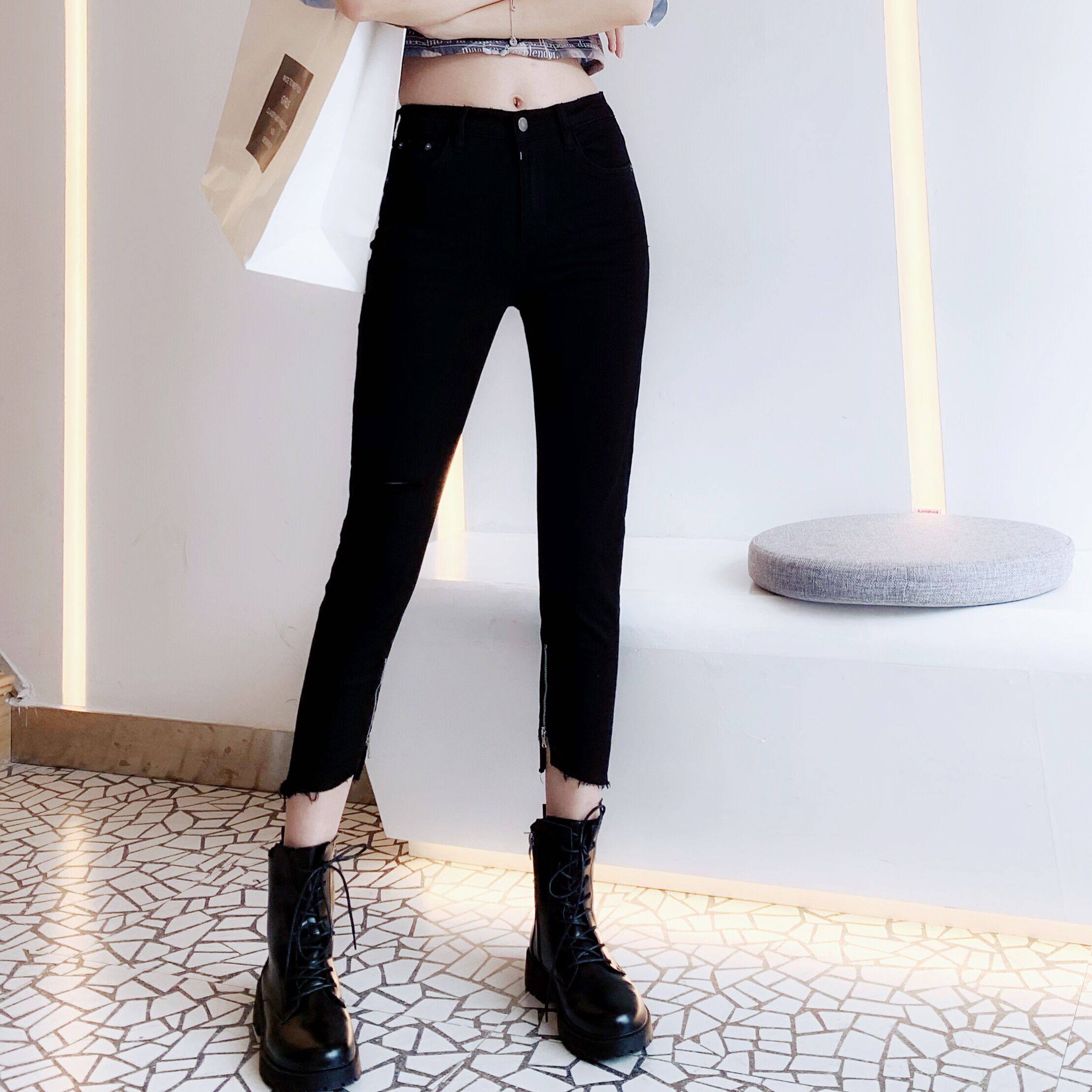 佐娜71382黑色高腰裤腿拉链小脚裤女2020新款牛仔裤