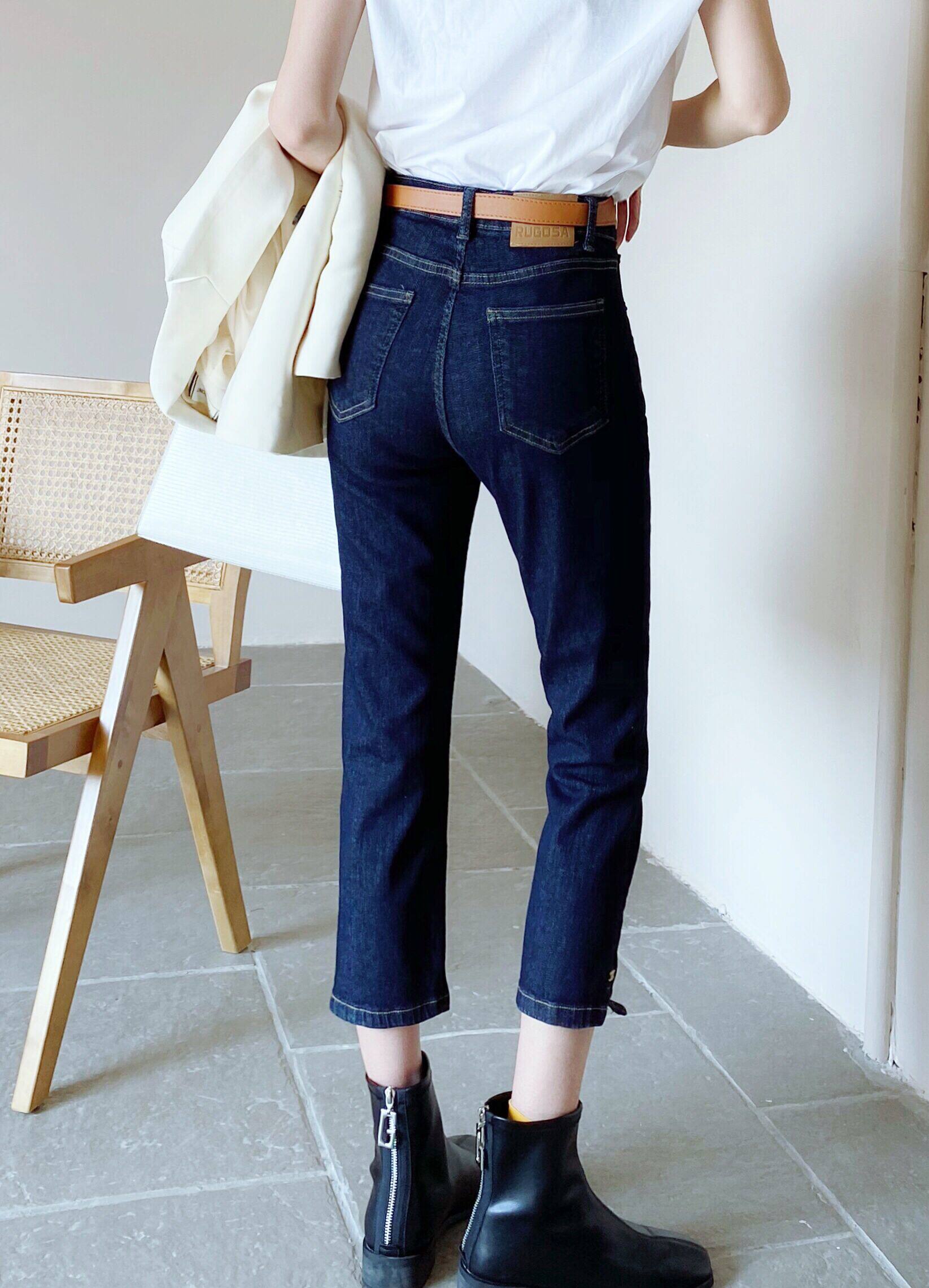 佐娜85575高腰深蓝小个子筒裤2021新款开叉烟筒牛仔裤