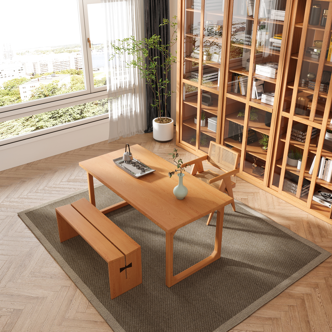 日式原木书架定制整墙满墙全实木书柜带玻璃推拉门樱桃木书房订做