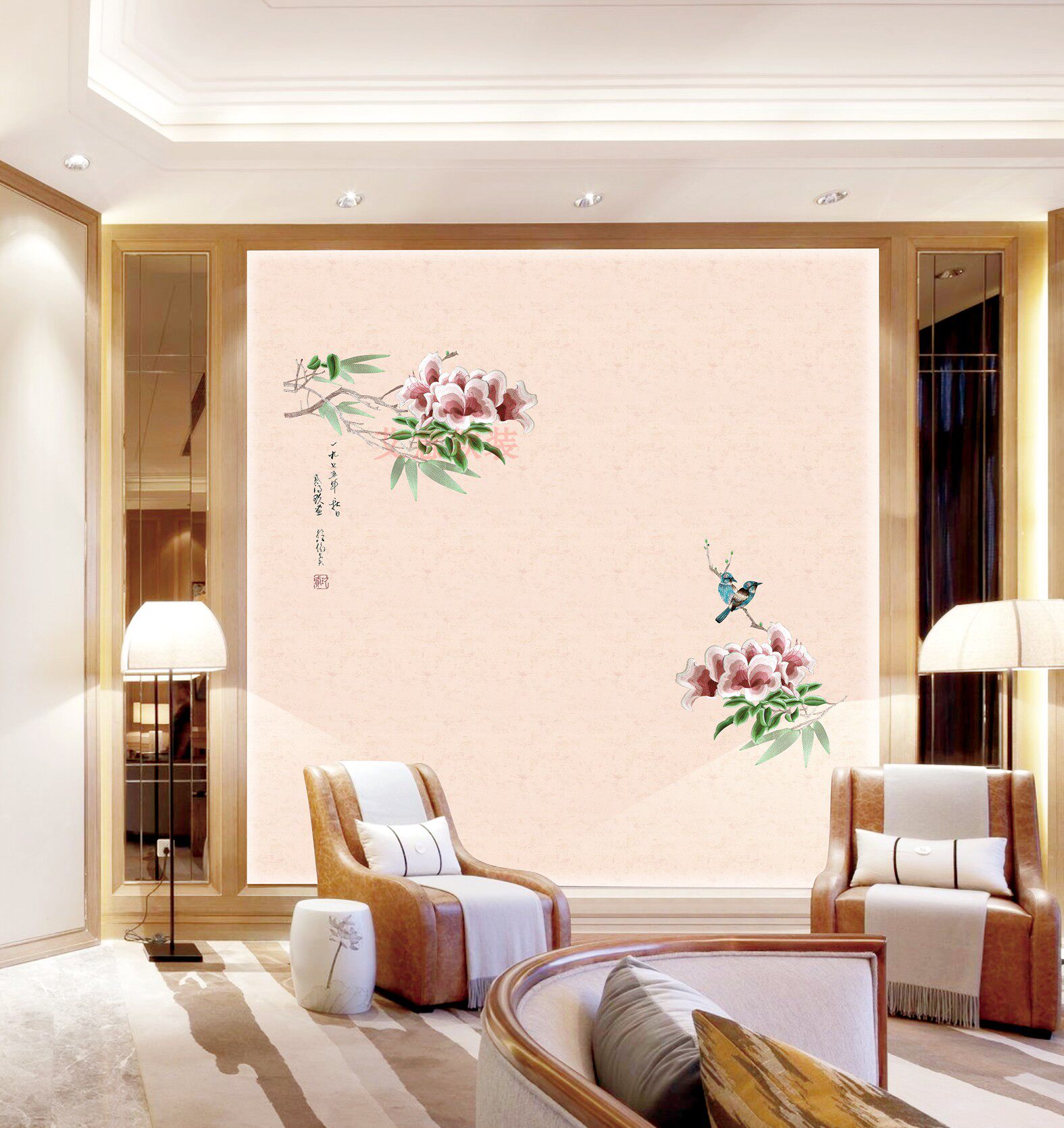 独秀红色图案墙布牡丹花富贵花开新中式电视背景墙布