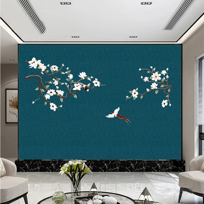 独绣壁布无缝沙发电视背景客厅独秀刺绣现代简约新中式中式花鸟墙布
