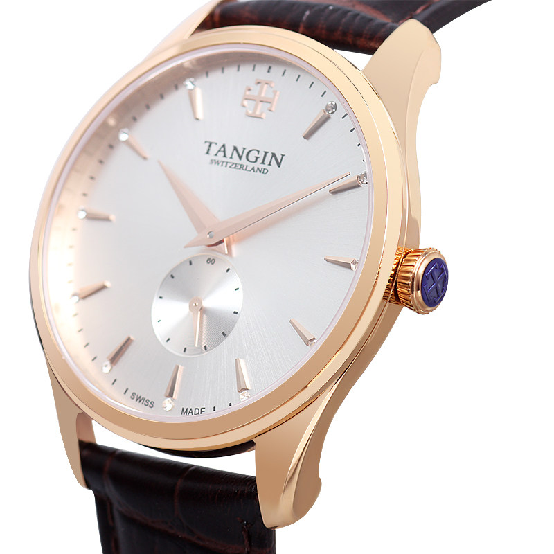 tangin天珺新款联保真皮镶钻三针石英防水男女瑞士腕表