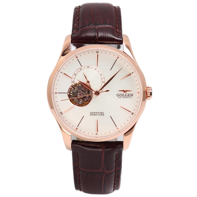 golgen古尊新款时尚镀金镂空真皮皮带防水全自动国产腕表