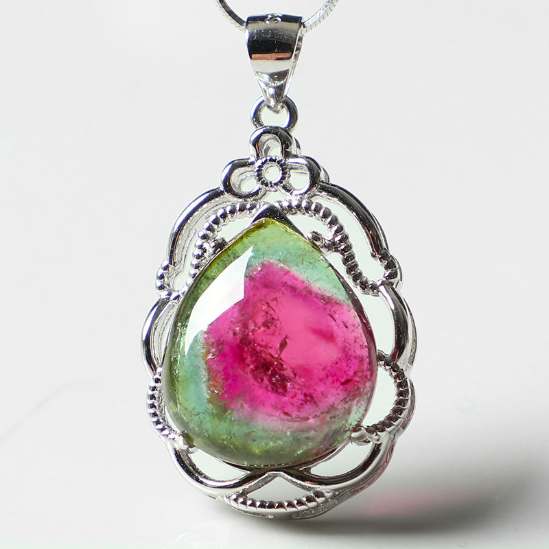 亲宝水晶天然正品西瓜碧玺吊坠女款s925镶嵌项链项坠