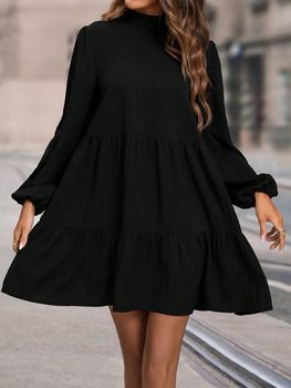 ພາກຮຽນ spring ໃຫມ່ຂອງແມ່ຍິງເອີຣົບແລະອາເມລິກາແບບ pullover lantern sleeve ແຂນຍາວ dress slim ແອວສູງສີດໍາ skirt ວ່າງ