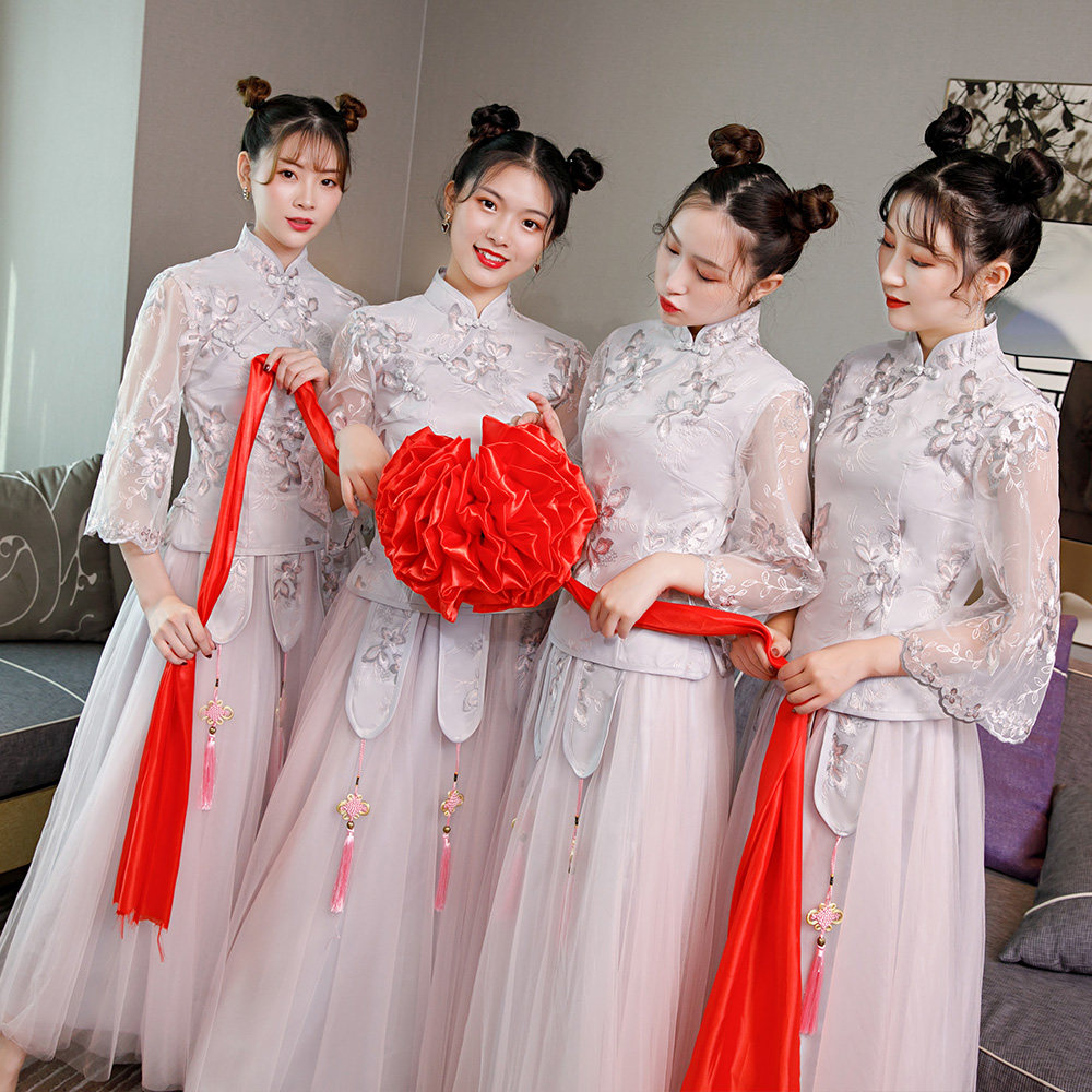 伴娘服中式秀禾姐妹团礼服女2020春季新款中国风唐装长袖大码套装