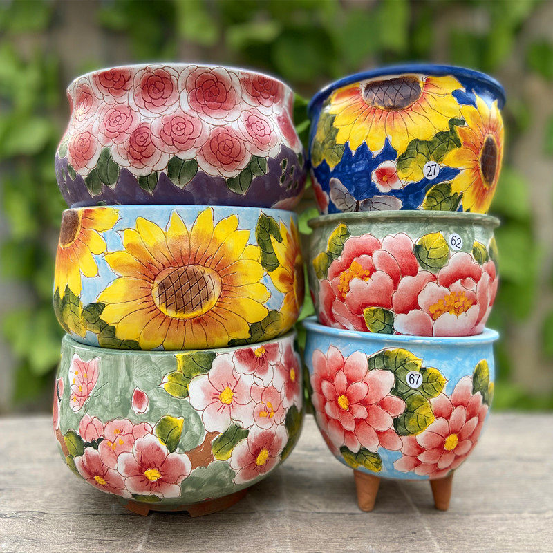 yixin吸水花盆黄泥透气手绘带脚植物多肉群生花盆