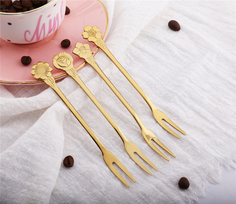 个性金色不锈钢水果二指二齿樱花花朵叉子蛋糕西餐餐叉