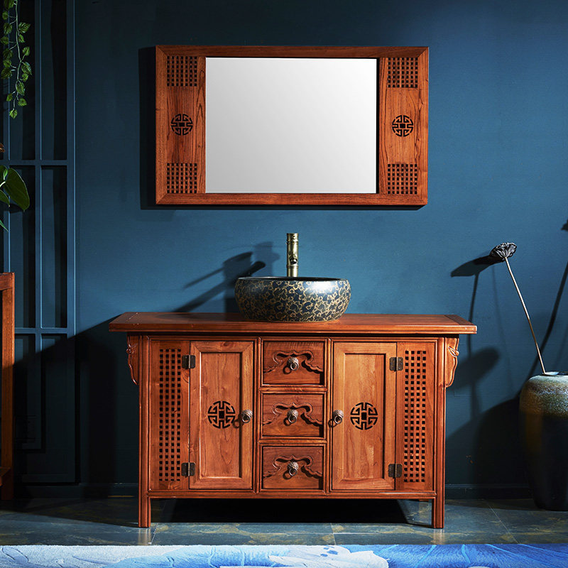中式仿古浴室柜组合实木卫浴落地式洗手洗脸盆洗漱浴室柜组合