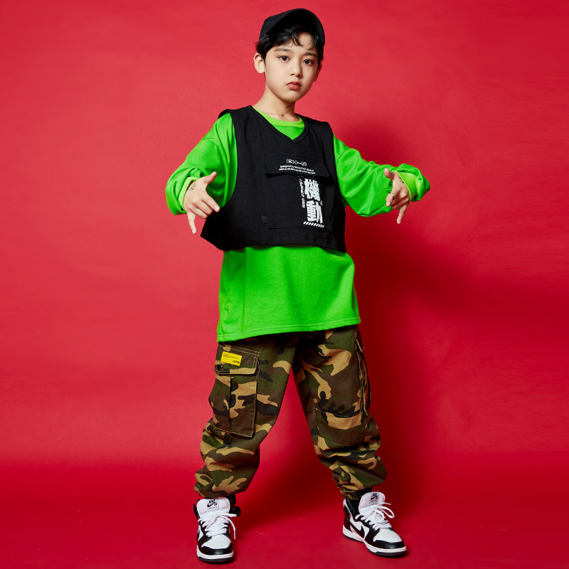 嘻哈儿童街舞套装男童poping演出服潮女女童迷彩儿童演出服