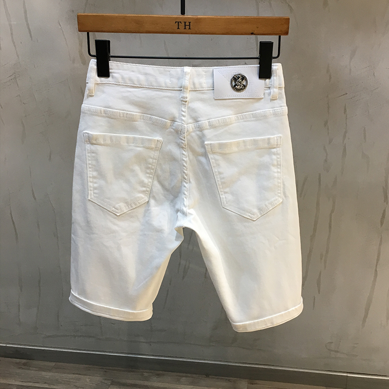 夏季白色五分裤男潮流韩版高端休闲百搭牛仔短裤修身弹力中裤白色