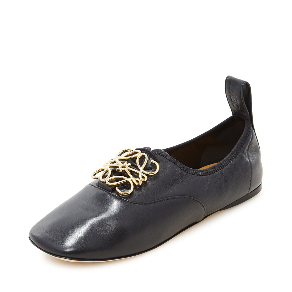 loewe黑色皮革徽标logo女士德比平底单鞋
