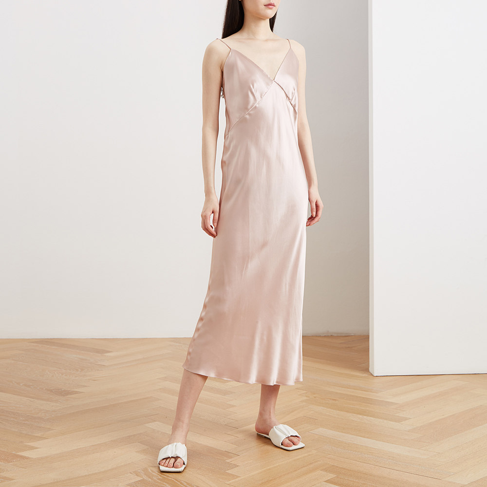 新品上架oliviavonhalle粉色桑蚕蚕丝女士内衣睡裙睡裙
