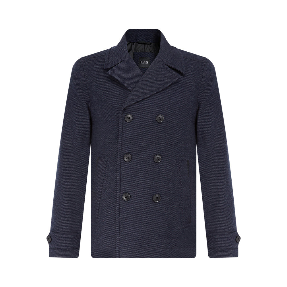 hugoboss藏蓝蓝色双排男士短款大衣夹克外套毛呢大衣