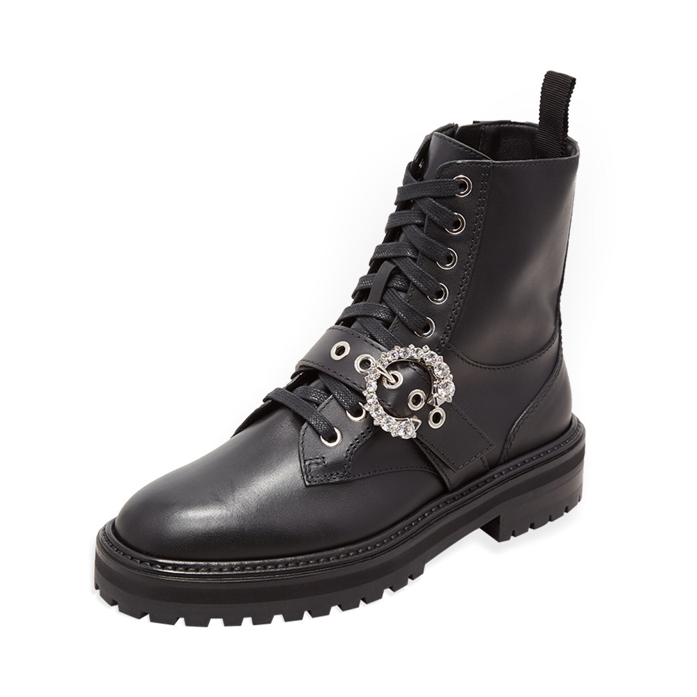 jimmychoo黑色牛皮皮革珠宝女士平底踝靴马丁秋季时装靴