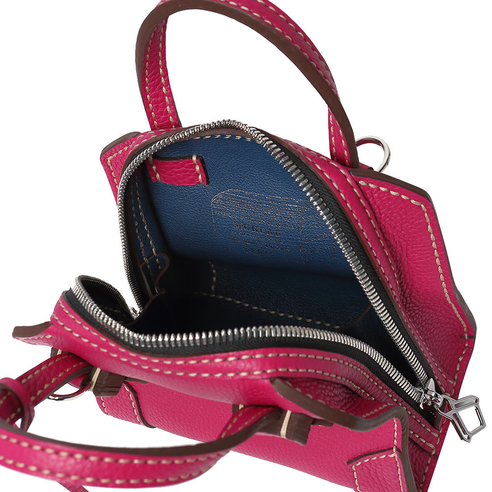 moreauparis经典款玫红色牛皮拼接缝线复古休闲通用款女包