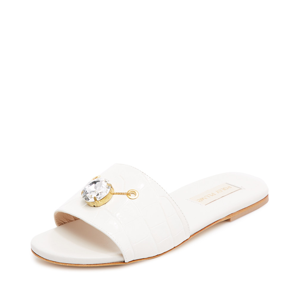 pollyplume春夏多色皮革复古鳄鱼休闲女士露趾平底包头拖