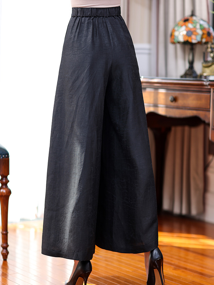 姆米重磅真丝香云纱阔腿裤裙裤九分黑色桑蚕休闲裤