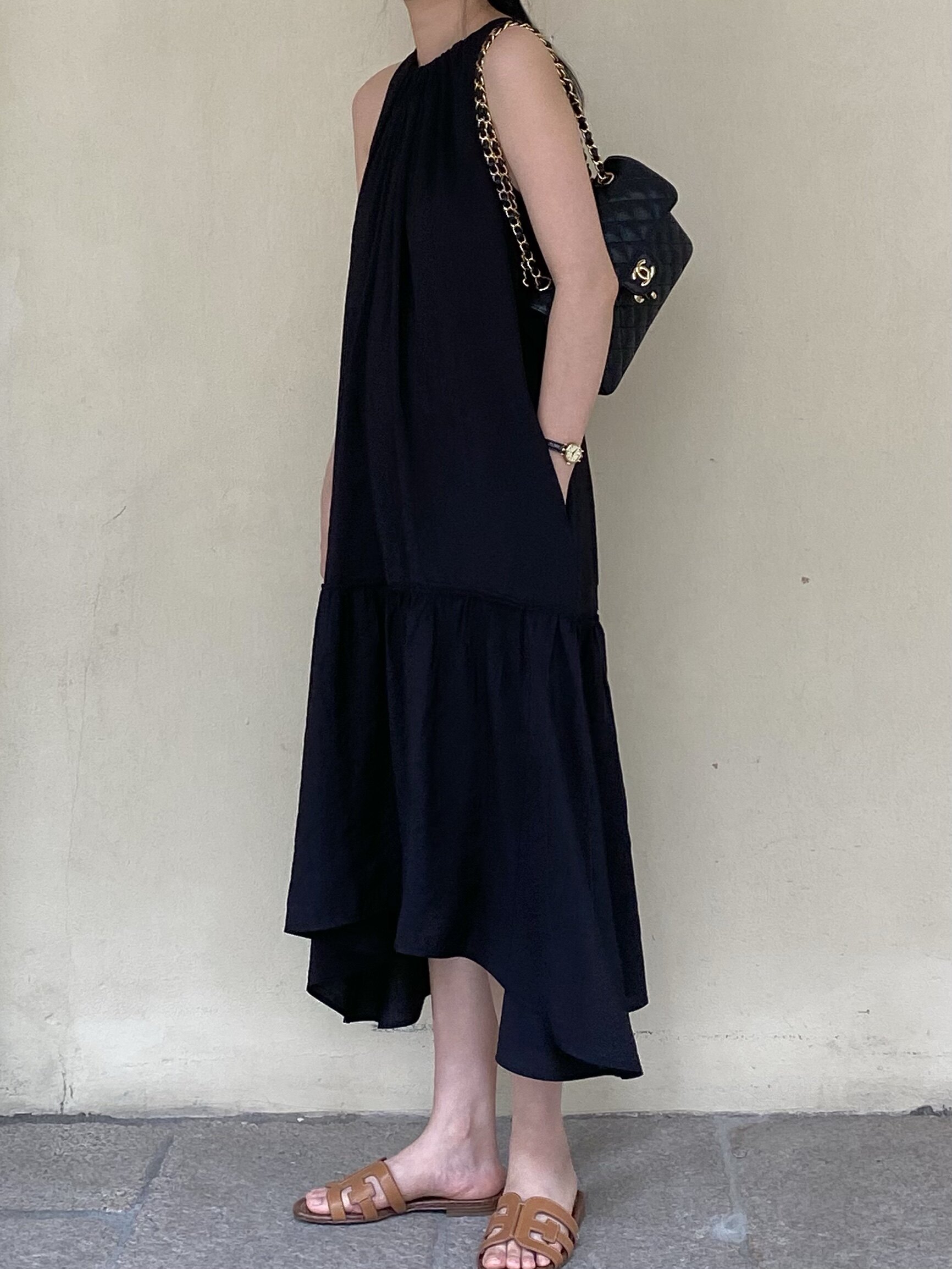 nice黑色法式复古连衣裙女夏气质抽绳设计高级连衣裙