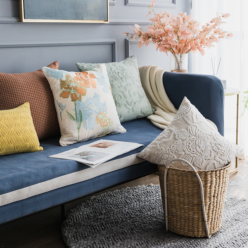 枕套美式轻奢棉麻线绣盘花抱亚麻刺绣沙发靠垫靠垫