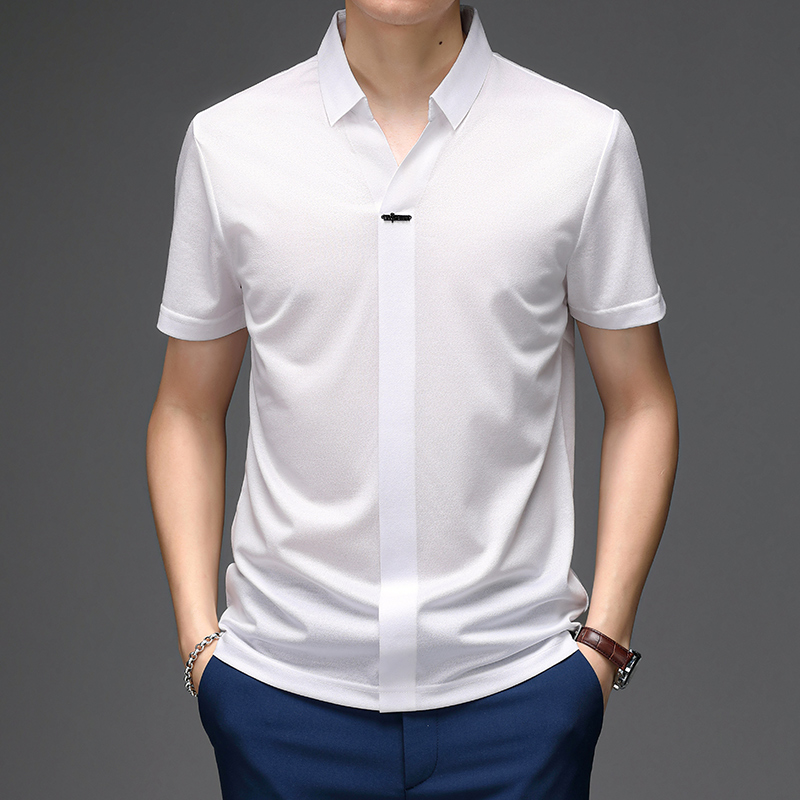 夏季桑蚕丝t恤男短袖冰丝滑料个性男装polo衫翻领真丝半袖潮体恤