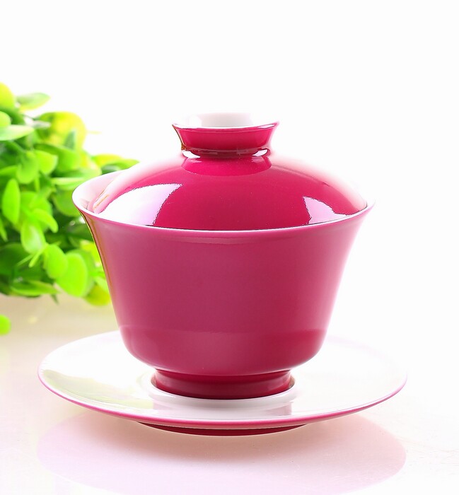 清雨胭脂红景德镇陶瓷茶具手工手绘单色三才盖碗盖碗