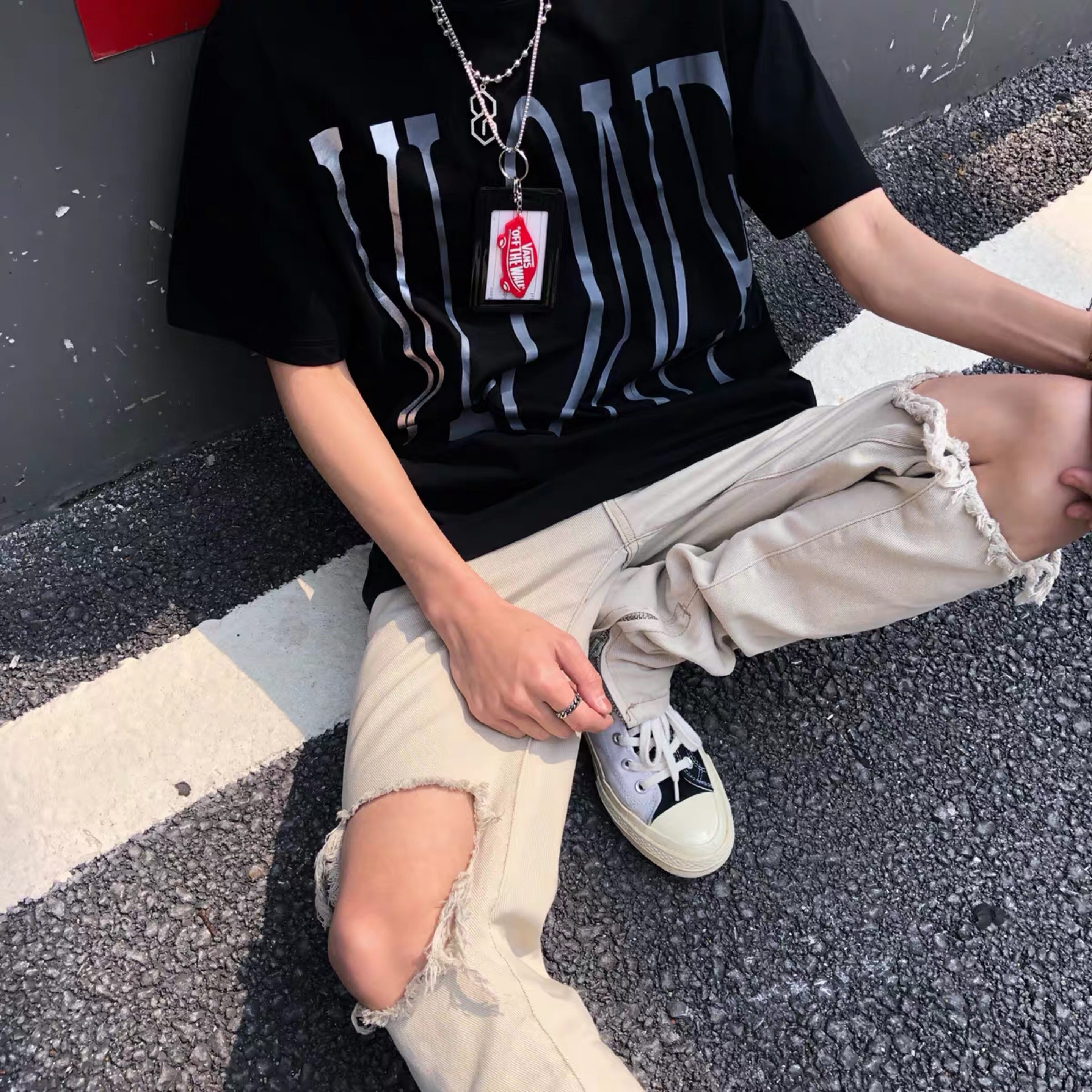 过验vlone life纽约限定3m反光大v男女情侣同款fog高街风短袖t恤