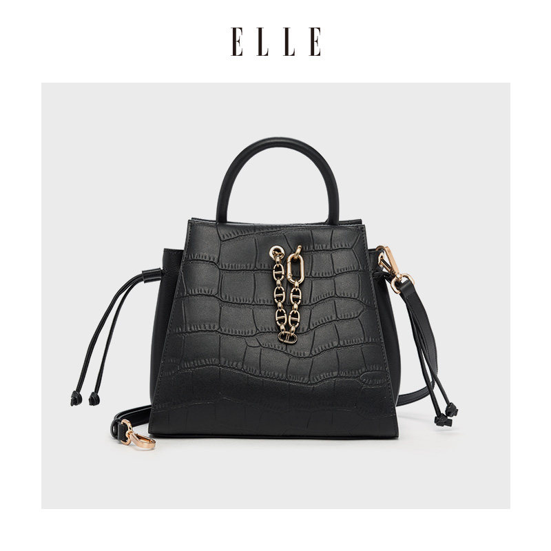 手提包单肩包单肩水桶斜挎elle春夏季包斜挎链条压纹水桶包