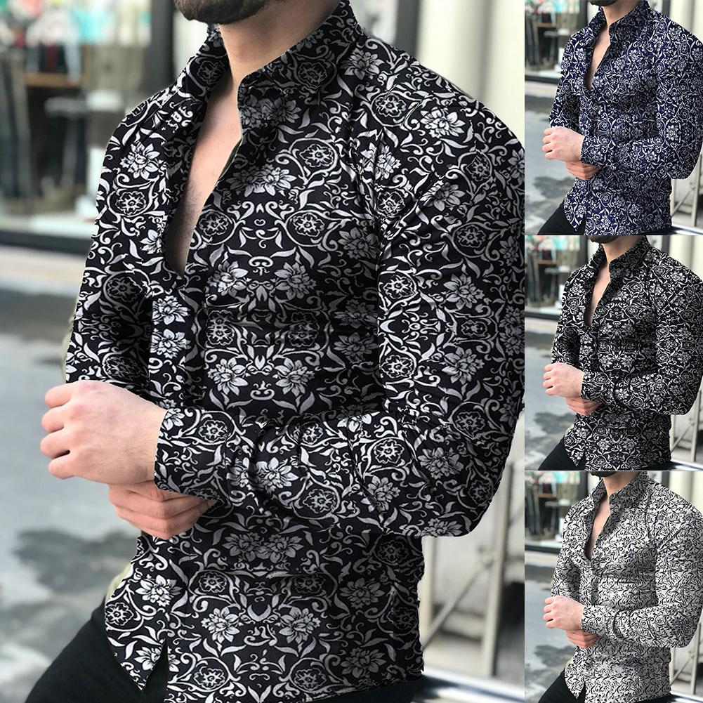 Fashion Men Long Sleeve Floral Print Shirt Spring Autumn