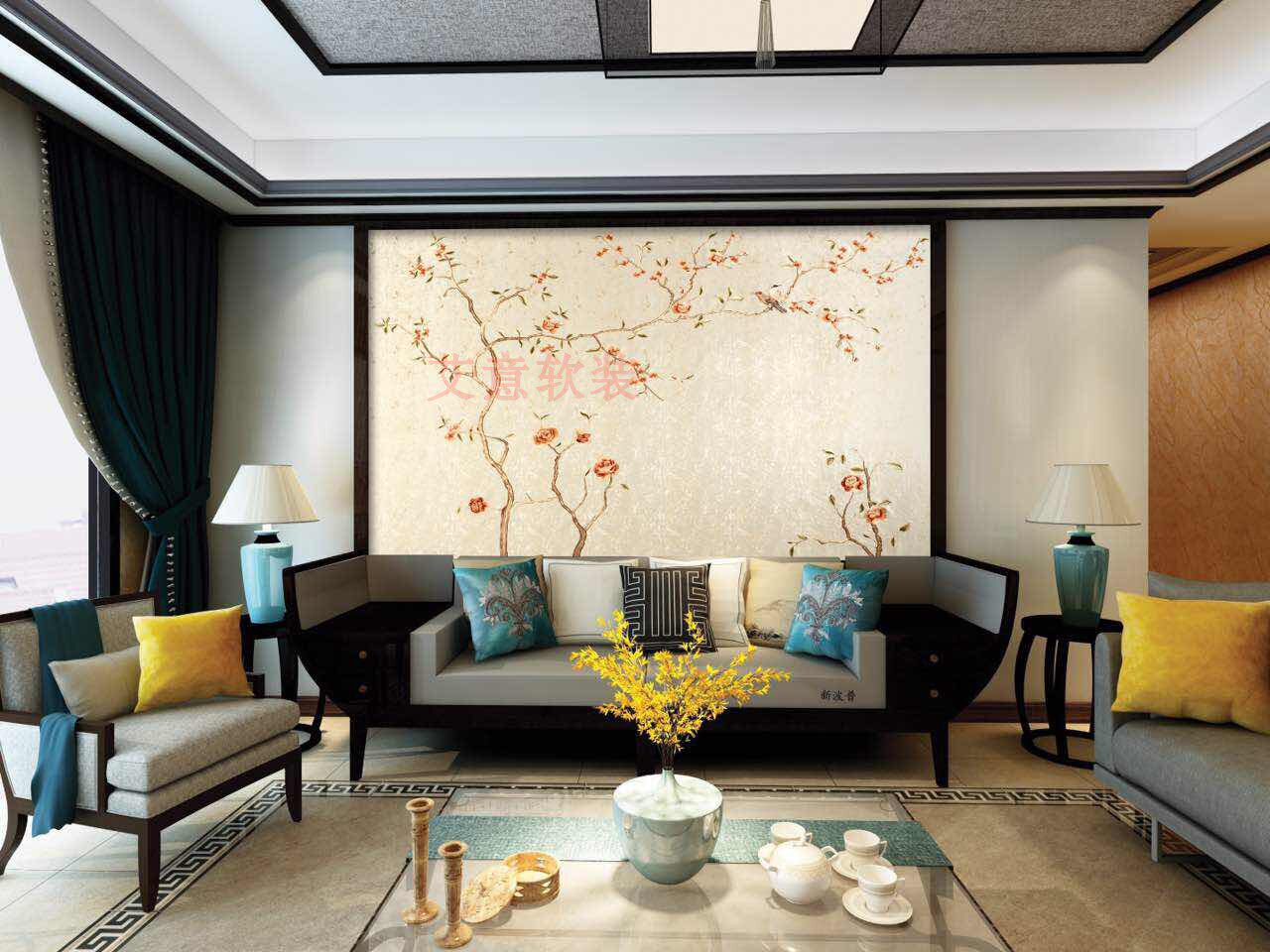 定制卧室品包新品包独绣苏绣壁布背景墙墙布新中式无缝墙布