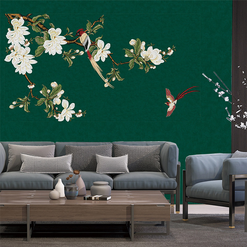 独秀背景背景墙墙布独绣壁布墙纸刺绣墨绿色客厅墙布