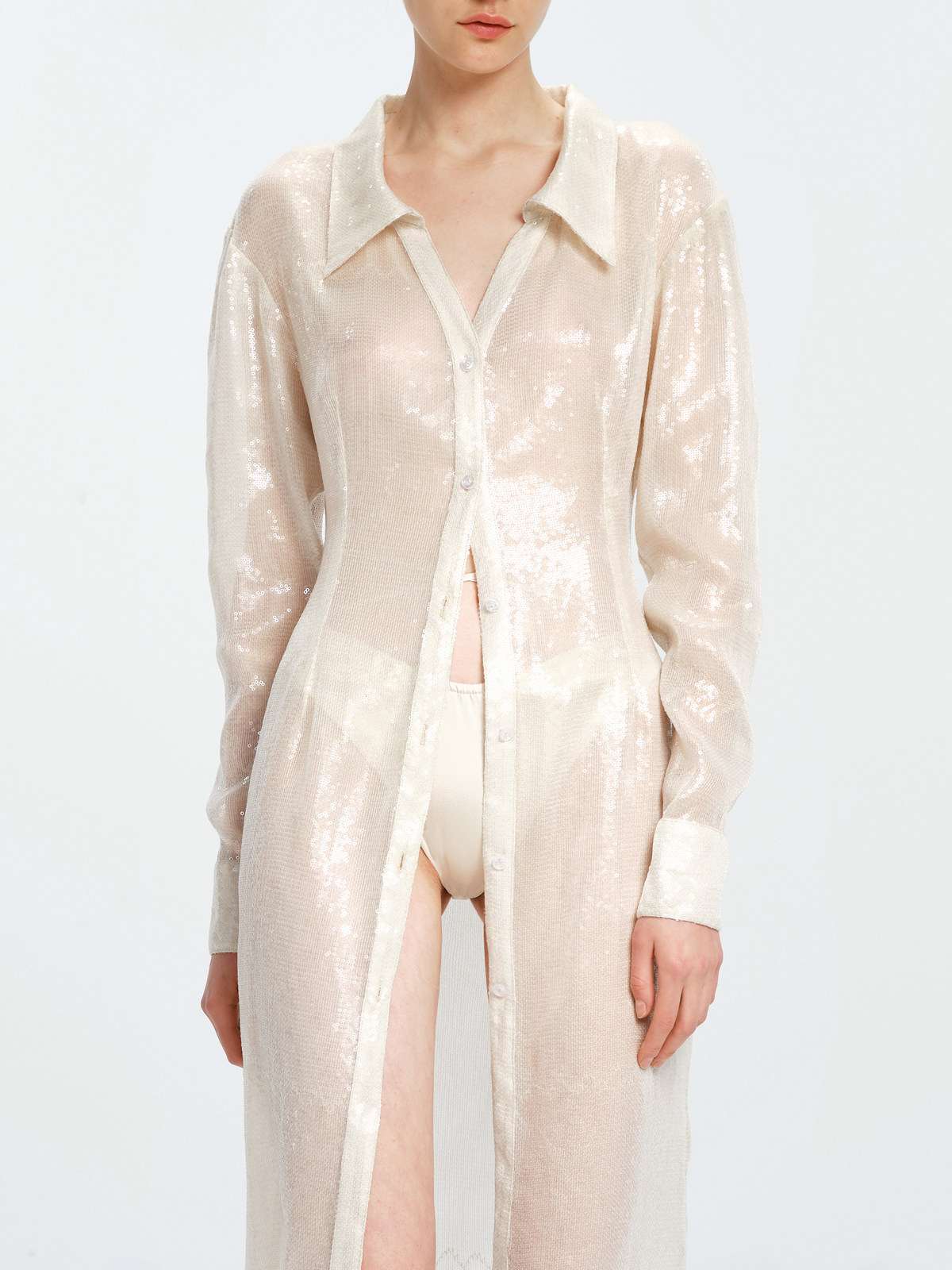 lucency20春夏裸色闪亮透明亮片满绣收腰显瘦显白衬衫连衣裙外套