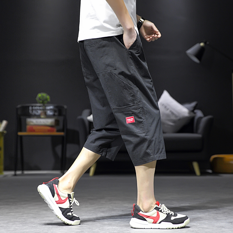 夏季薄款冰丝速干运动七分裤男宽松大码胖子直筒休闲裤工装短裤子