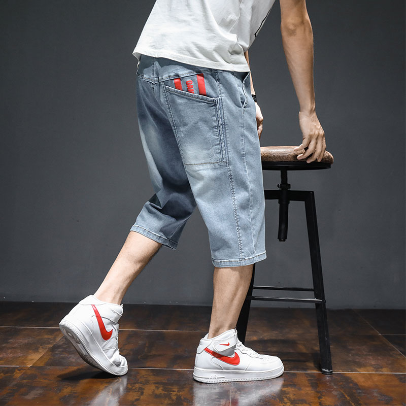 夏季日系牛仔短裤男薄款宽松大码潮流哈伦直筒纯棉运动七分裤子