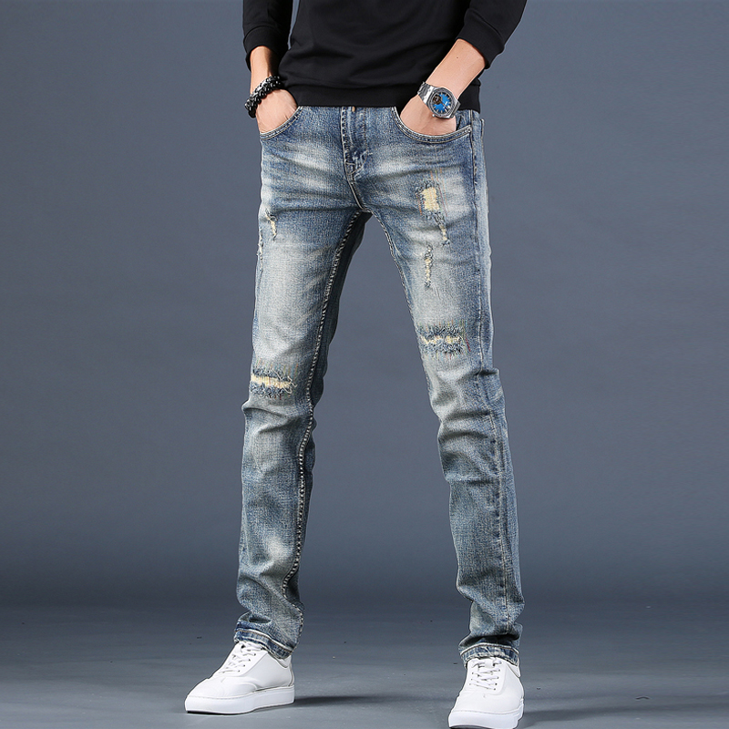 香港秋冬高端破洞牛仔裤男潮牌2021修身小脚复古弹性弹力长裤春秋