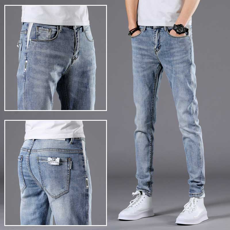 香港高端浅色牛仔裤男士春秋款韩版潮流百搭修身小脚潮牌长裤春季