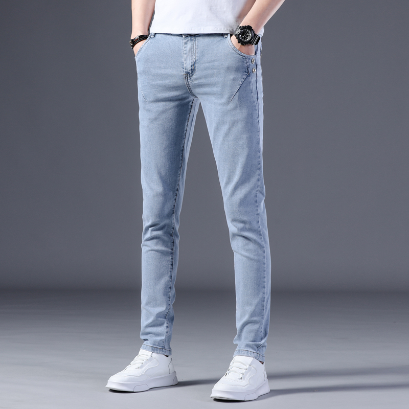 香港2021春秋款牛仔裤男修身小脚韩版潮流长裤弹力高端休闲裤秋季