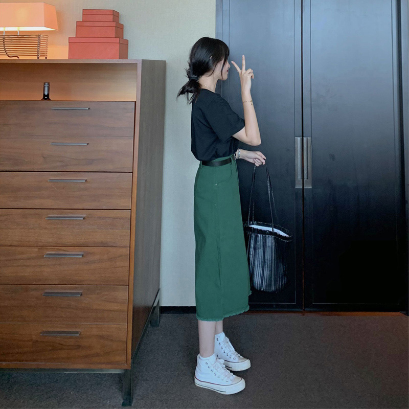 虎牙犬牙  墨绿色高腰A字半身裙女显瘦韩版港风牛仔中长款开叉裙