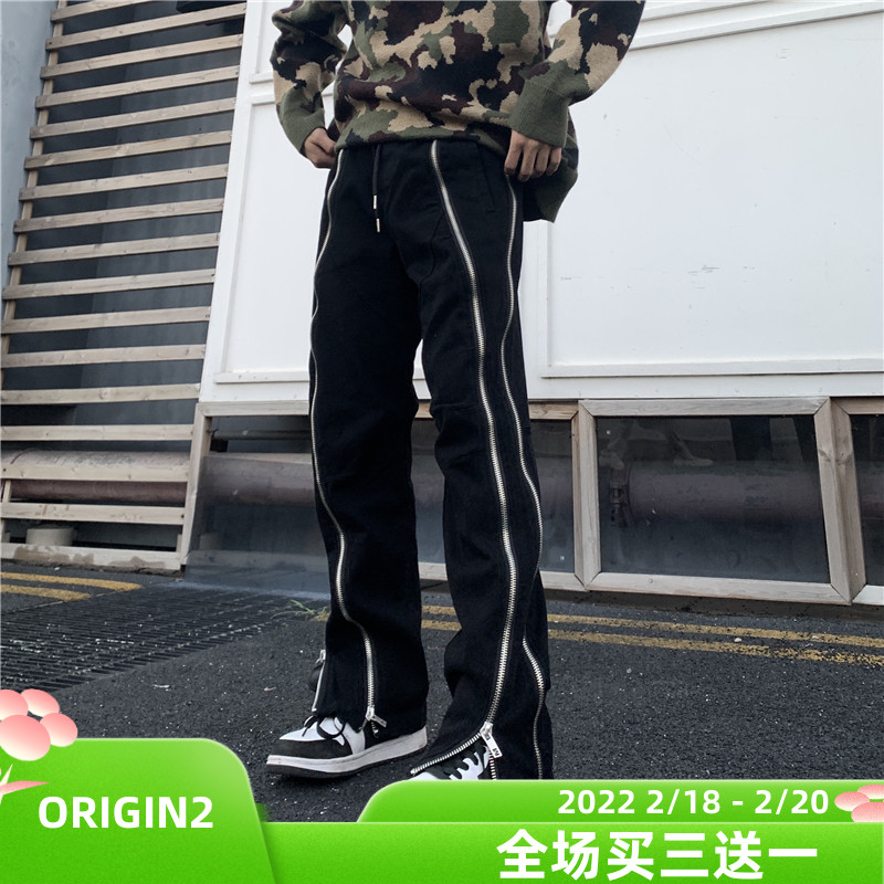 美式hiphop拉链开叉牛仔裤男ins潮牌嘻哈宽松直筒微喇叭工装裤子