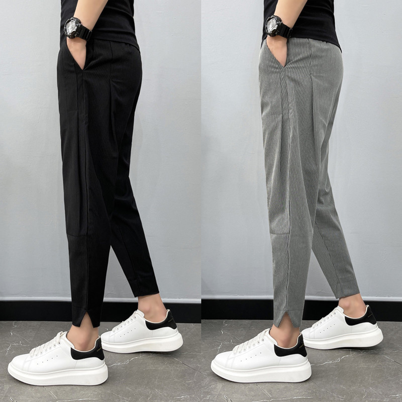 2021春秋痞帅裤子男韩版潮流小脚裤宽松哈伦裤网红阔腿开叉九分裤