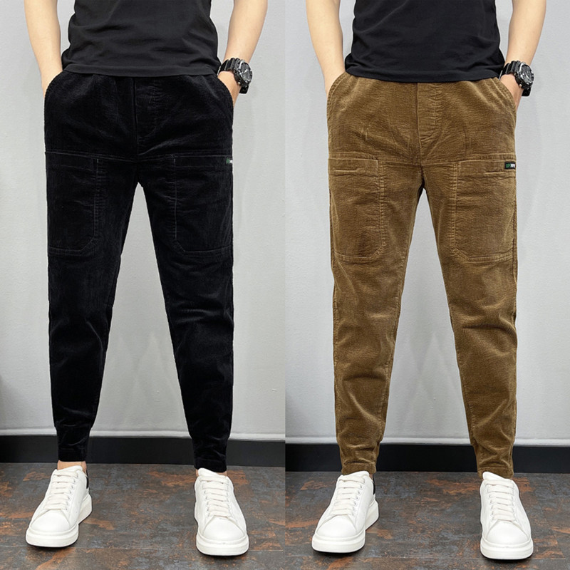 春秋新款六兜条绒休闲裤男士灯芯绒修身百搭小脚裤潮流网红束脚裤