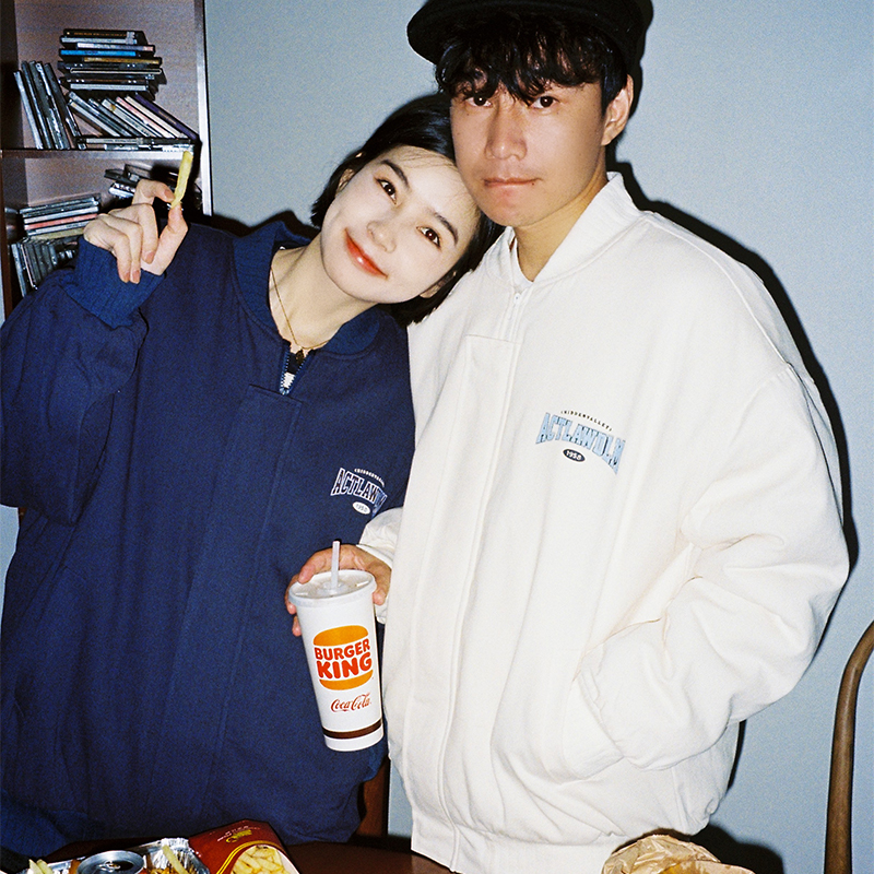 驸马FUMA 日系复古字母印花棒球服男女秋冬加绒加厚情侣棉服外套