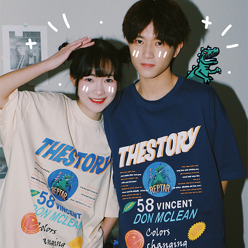 驸马FUMA 春季新款日系古着恐龙印花短袖T恤男女港味宽松情侣半袖