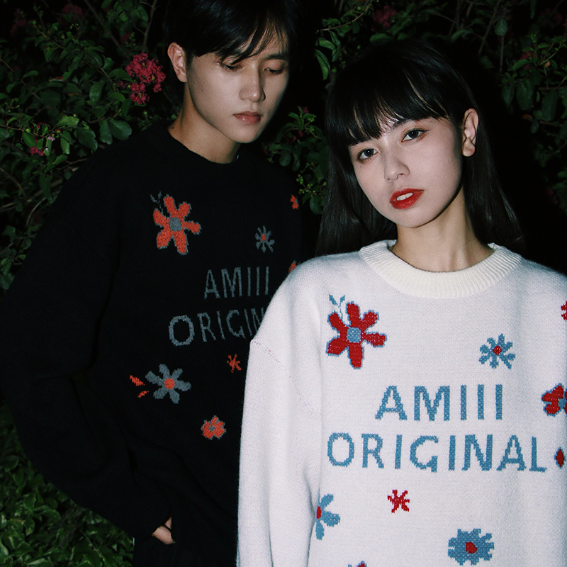 驸马FUMA 日系休闲小花图案套头毛衣男女原宿休闲百搭情侣针织衫