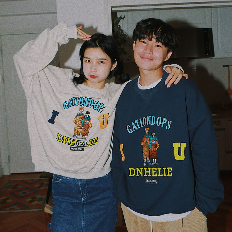 驸马FUMA 日系文艺bf风刺绣情侣卫衣男女港风复古宽松ins潮牌上衣