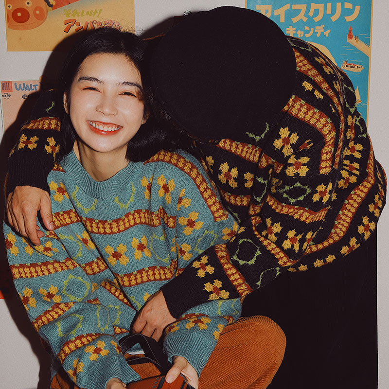 驸马FUMA 日系条纹小花图案长袖针织衫bf宽松慵懒风情侣毛衣外套