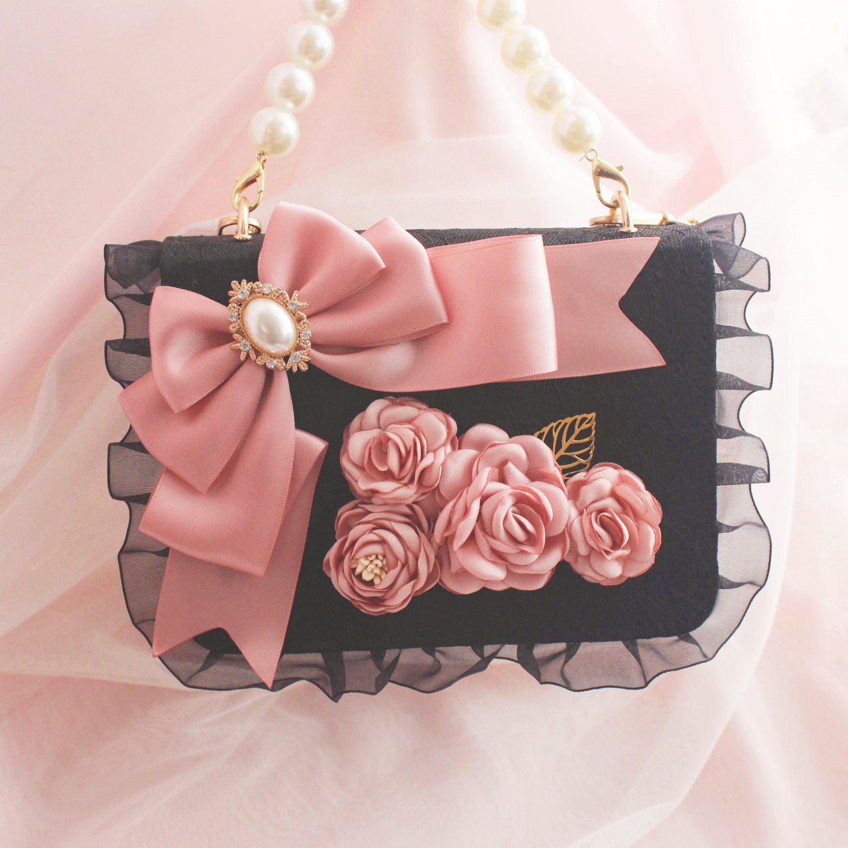 原创设计粉蝴蝶蝴蝶结花朵小方lolita手提包优雅晚宴小方包