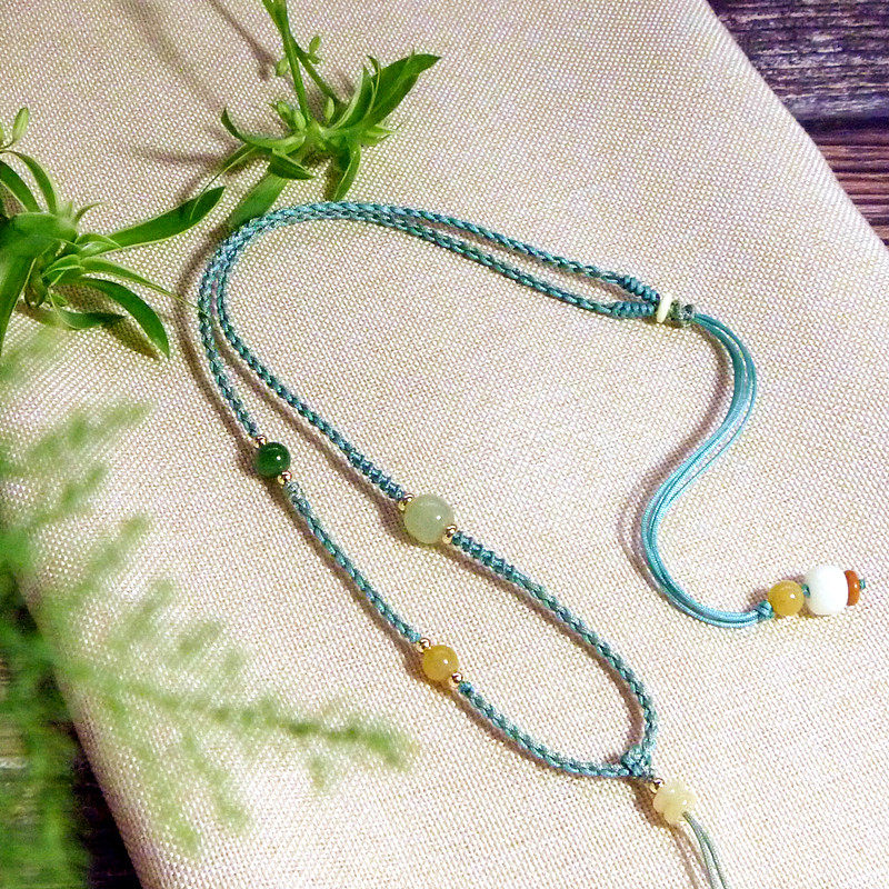 多宝项链男女简约高档短细款手工编织翡翠和田绳